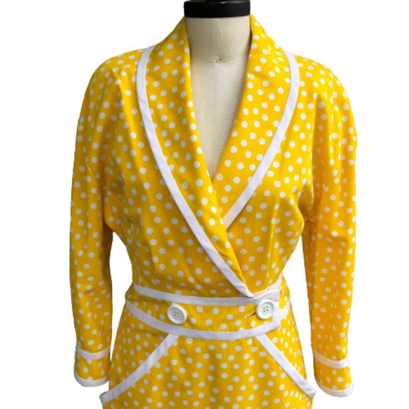 Vtg ADELE SIMPSON 80s Does 50s/60s Polka Dot Yellow White Wiggle Pencil Dress - Picture 4 of 16